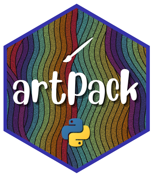 Hexagonal logo with colorful, flowing wave patterns in rainbow hues. White text reads 'aRtpack' with a paintbrush accent, and Python logo in bottom right corner.