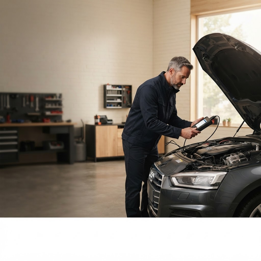 Auto diagnostician inspecting a modern sedan with a handheld diagnostic scanner in a workshop
