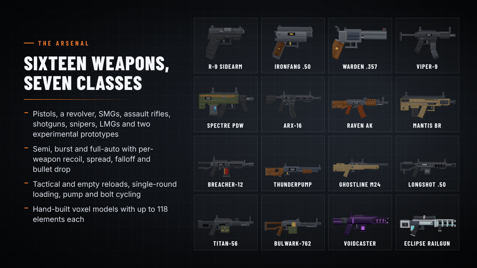 Sixteen weapons, seven classes