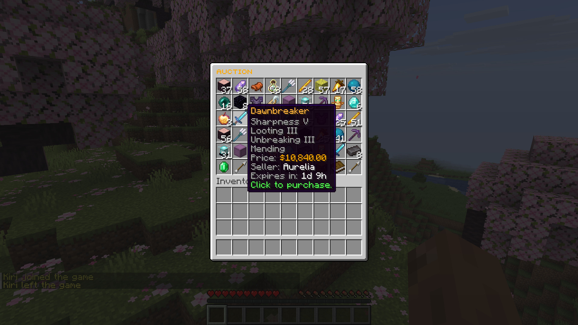 The market, with a listing's enchantments, price, seller and time left