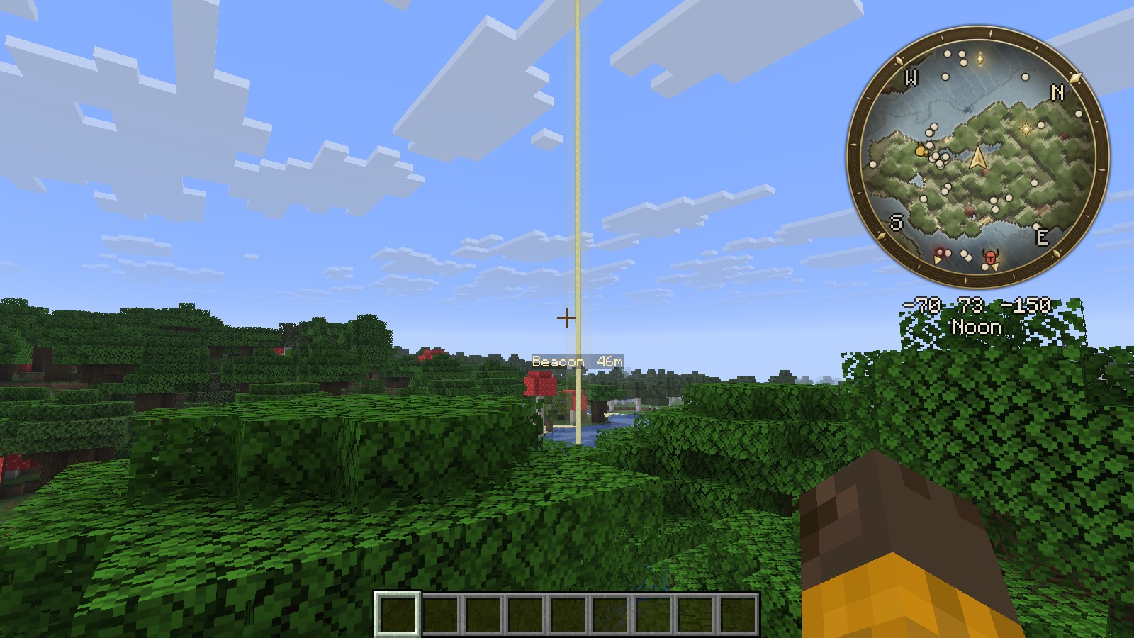 The round minimap and a pillar of light in the world