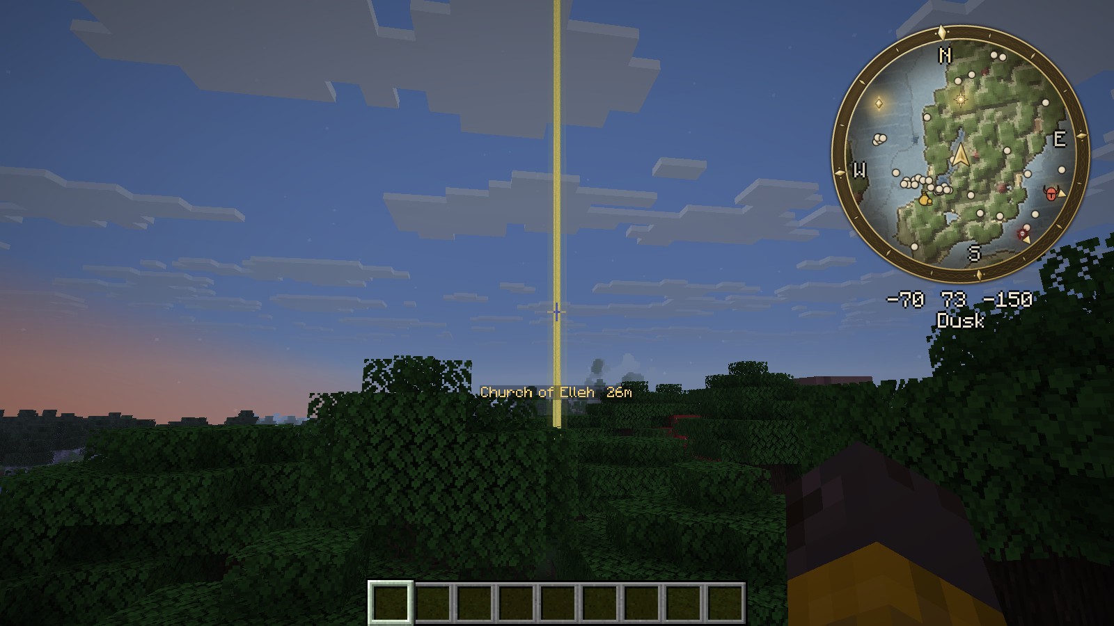 A pillar of light rising from a Site of Grace at dusk