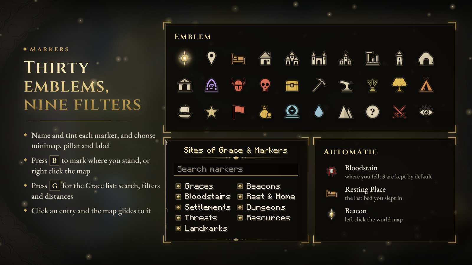Thirty emblems, nine filters