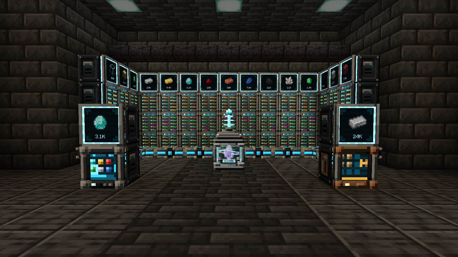 A base: Cell Drives, Storage Monitors, the Nexus Core and both terminals