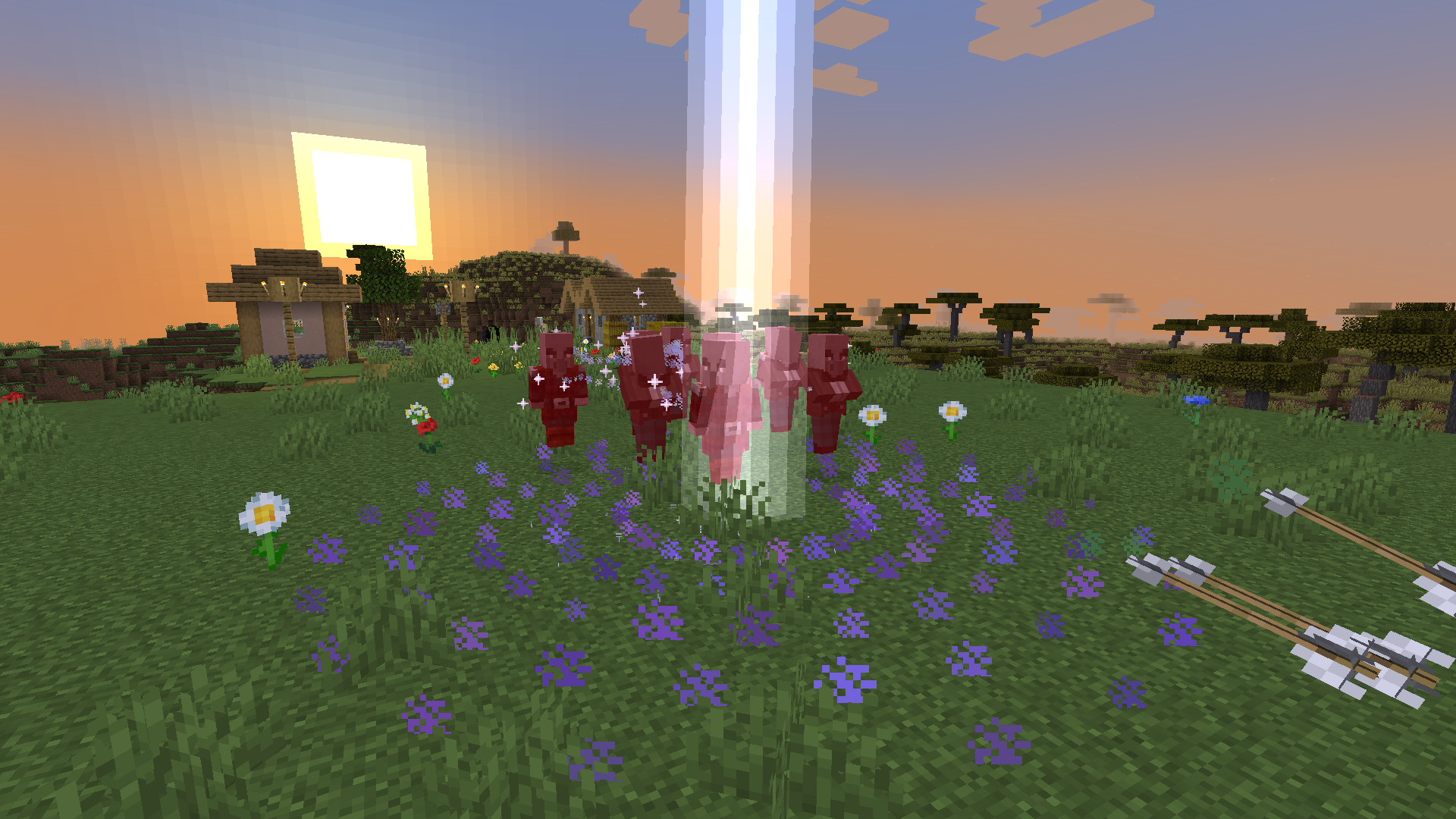 An Arc Storm lands on a pillager band at sunset