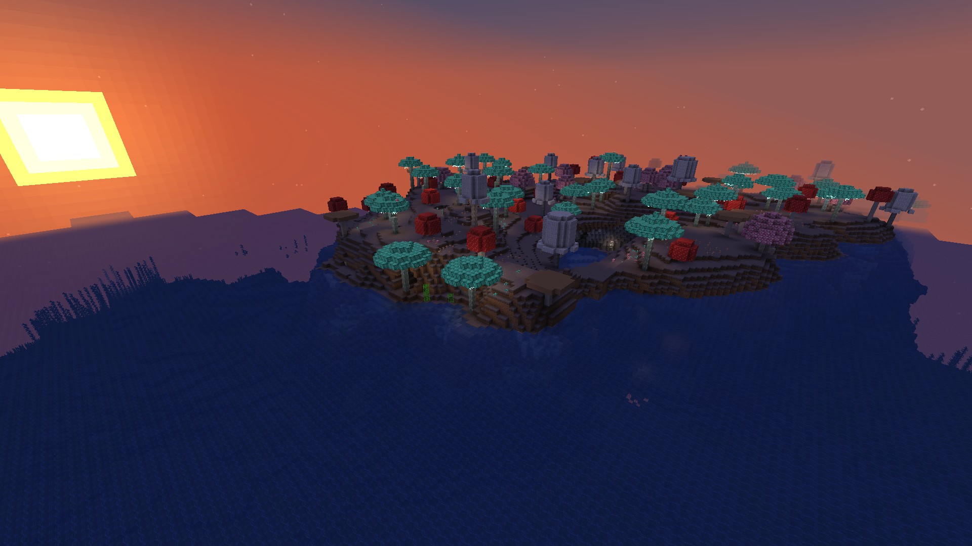 A Mushroom Fields island at sunset