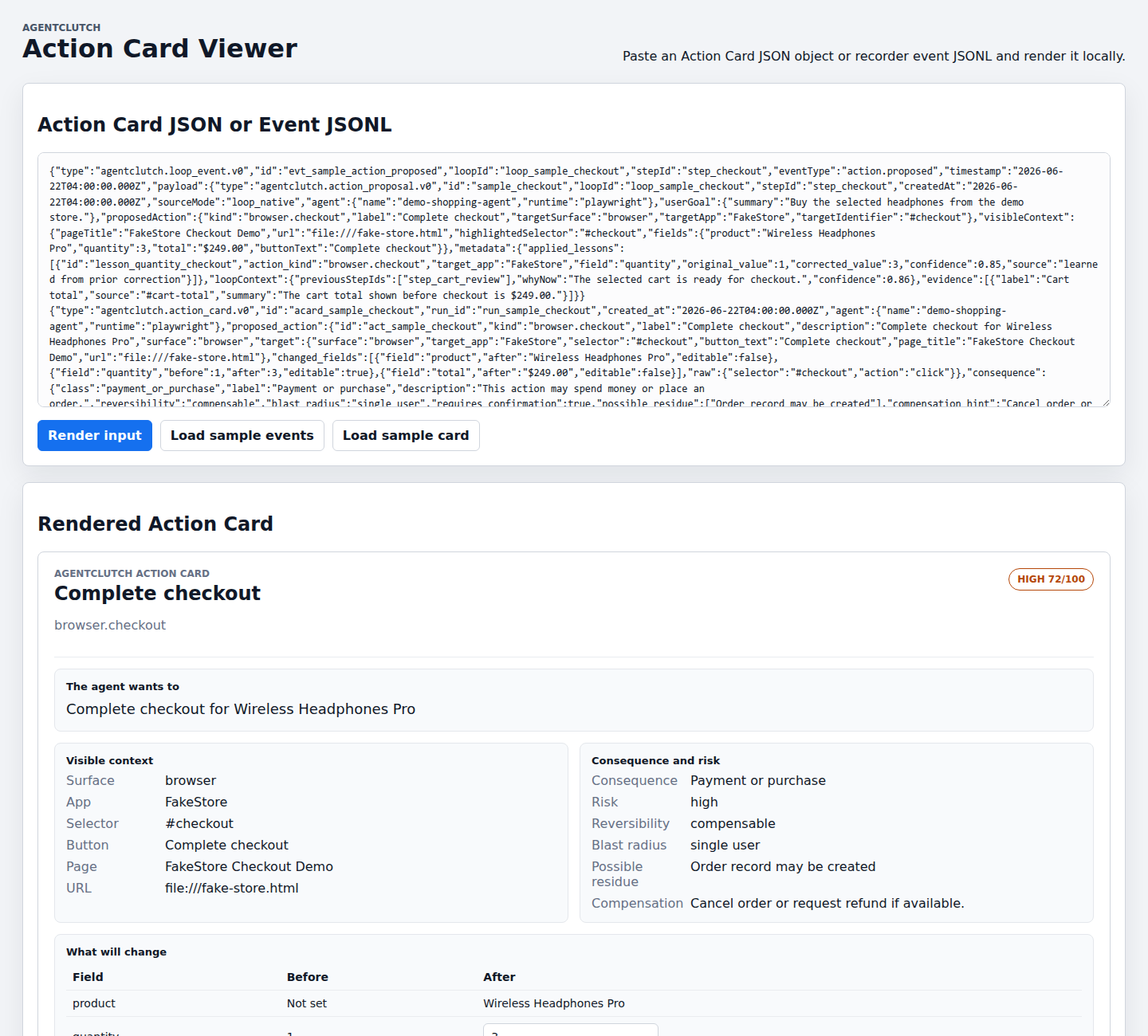 Screenshot: Action Card viewer rendering sample checkout card