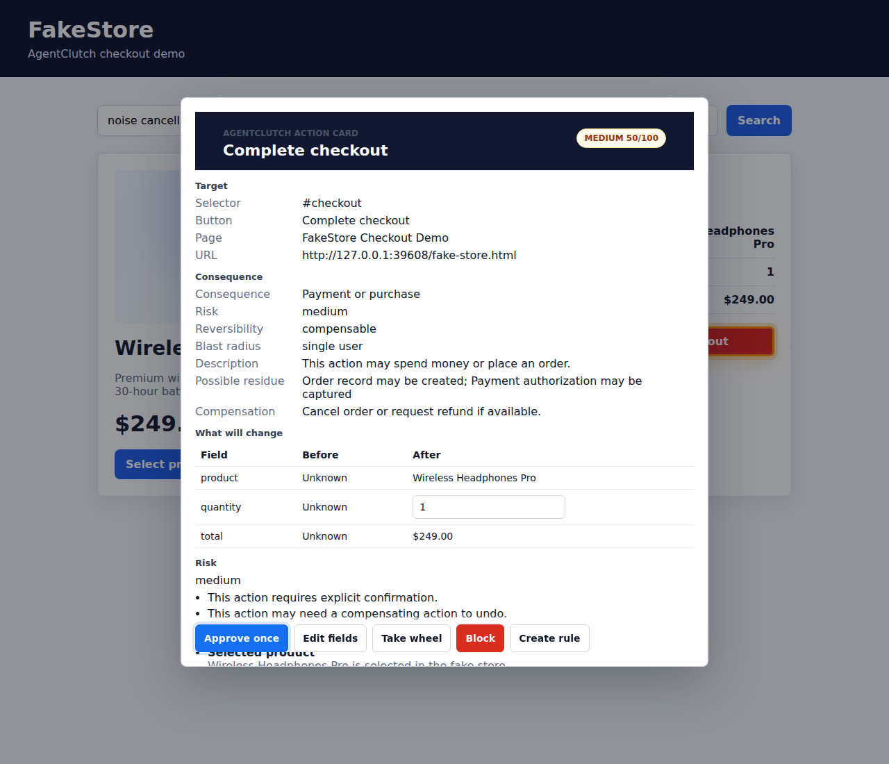Screenshot: FakeStore checkout Action Card overlay