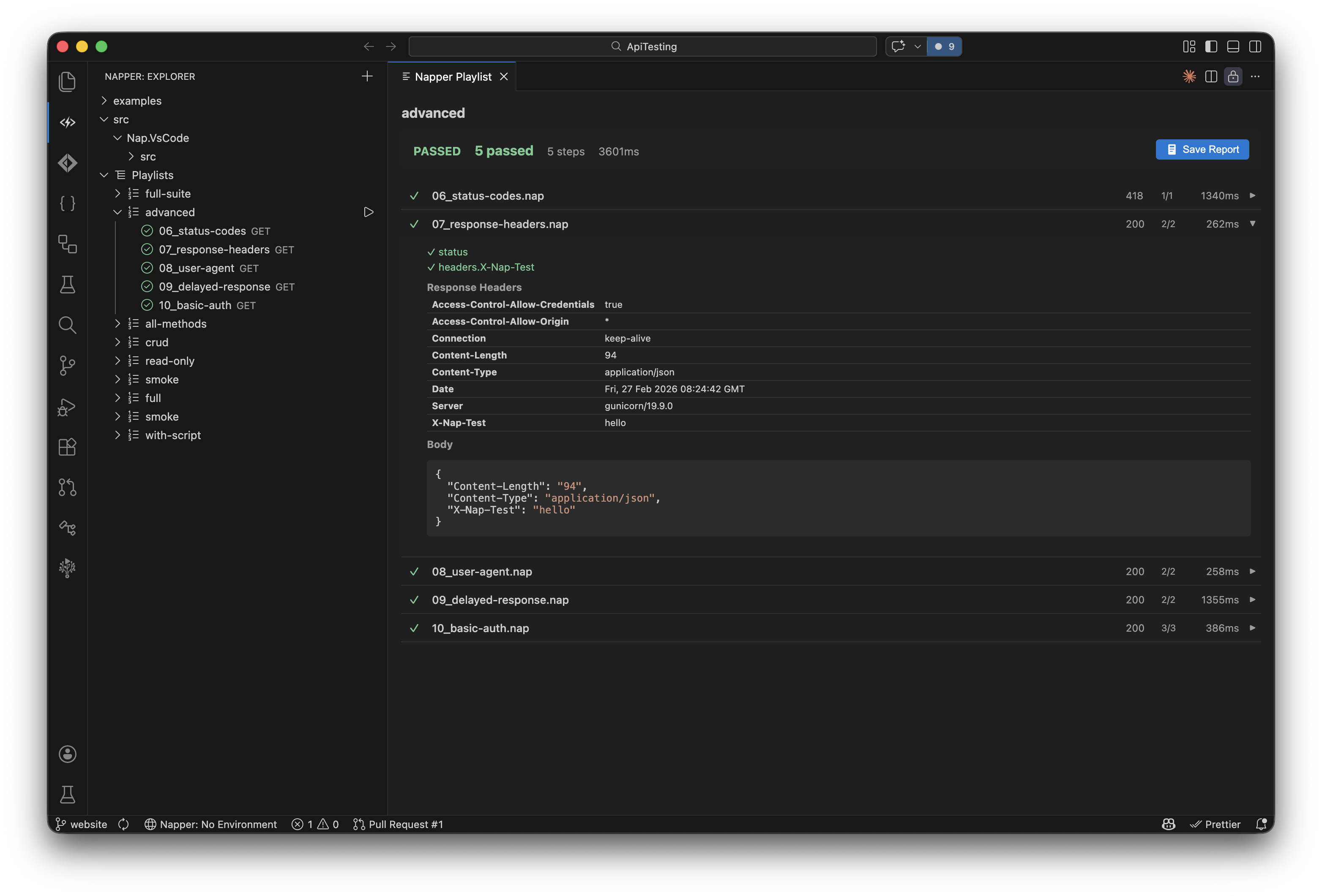 Napper VS Code extension showing playlist test results with response headers and body inspection