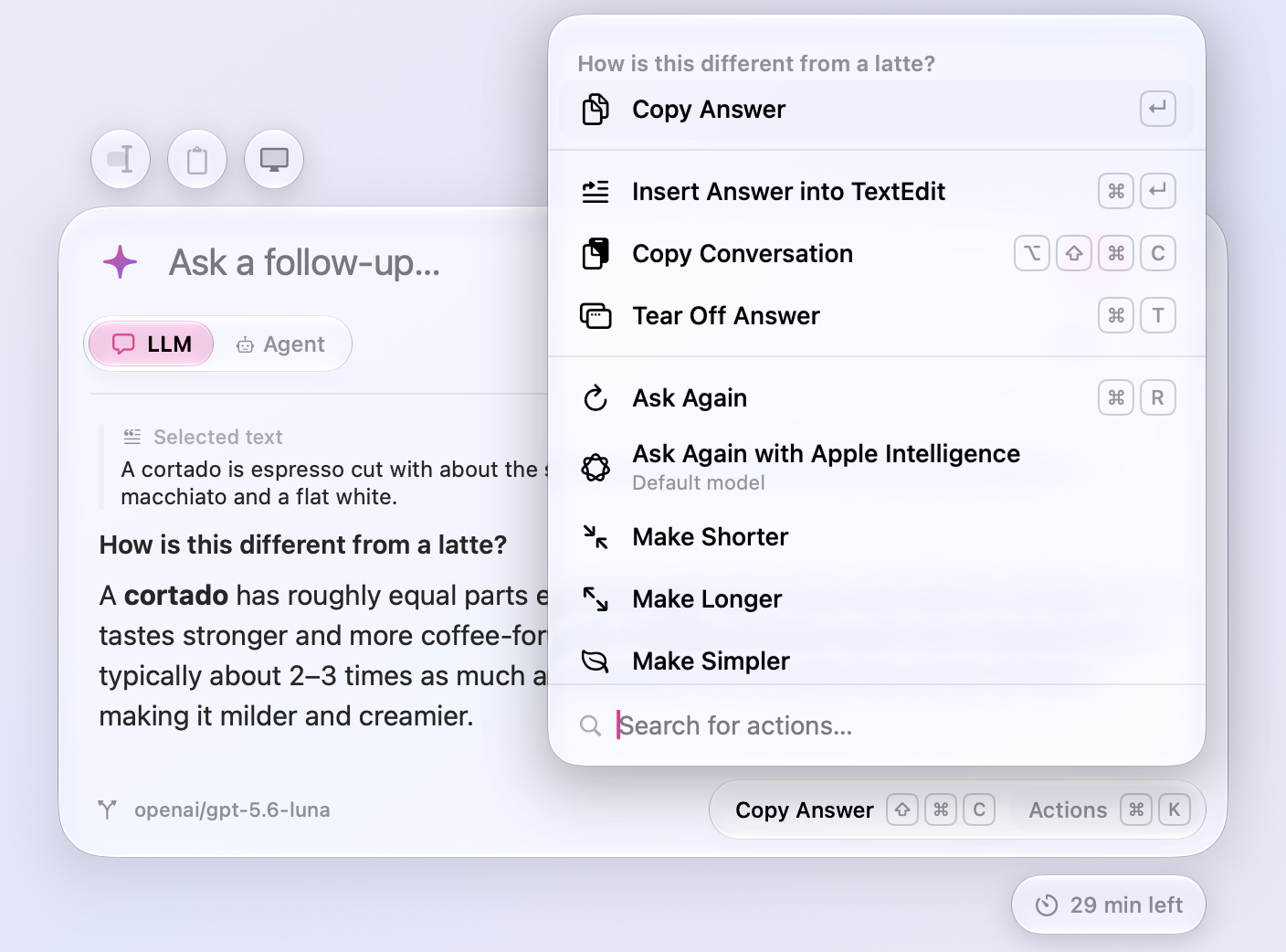 The chat's actions over an answer: Insert Answer into TextEdit, Copy Conversation, Tear Off Answer, Ask Again, Ask Again with Apple Intelligence, and the rewrites Make Shorter, Make Longer, and Make Simpler