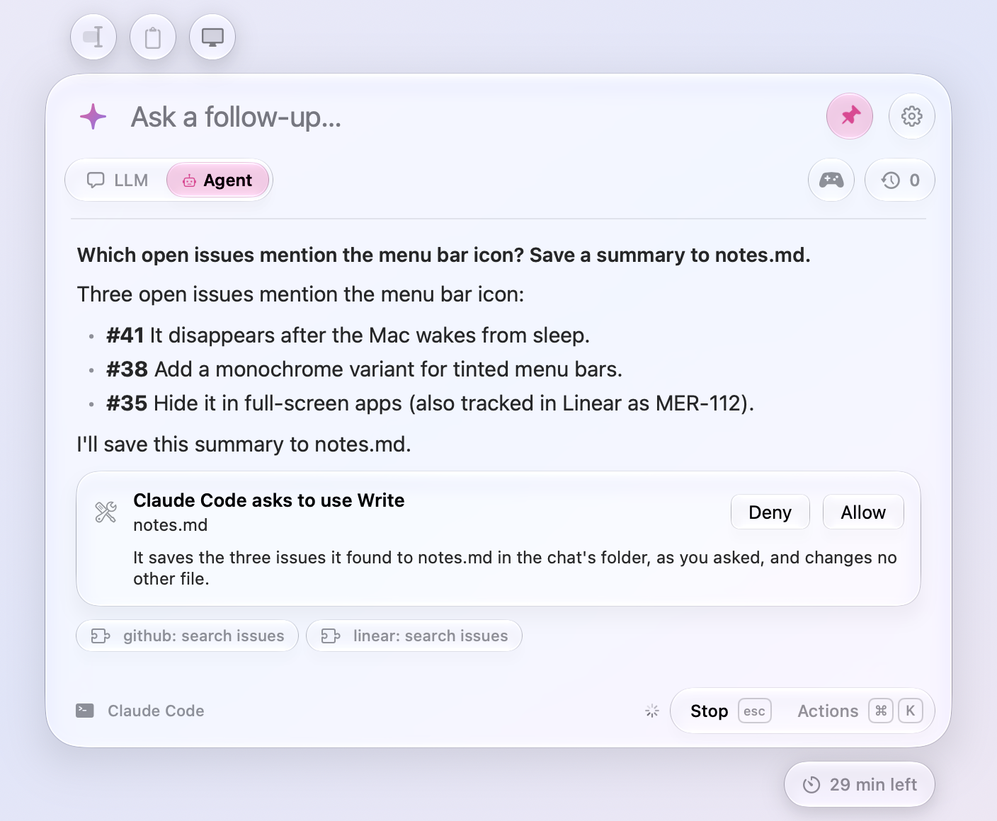 Agent mode: Claude Code's answer with a trail of the MCP tools it used and a card asking to write notes.md, with Deny and Allow and its one-line reason from Why?
