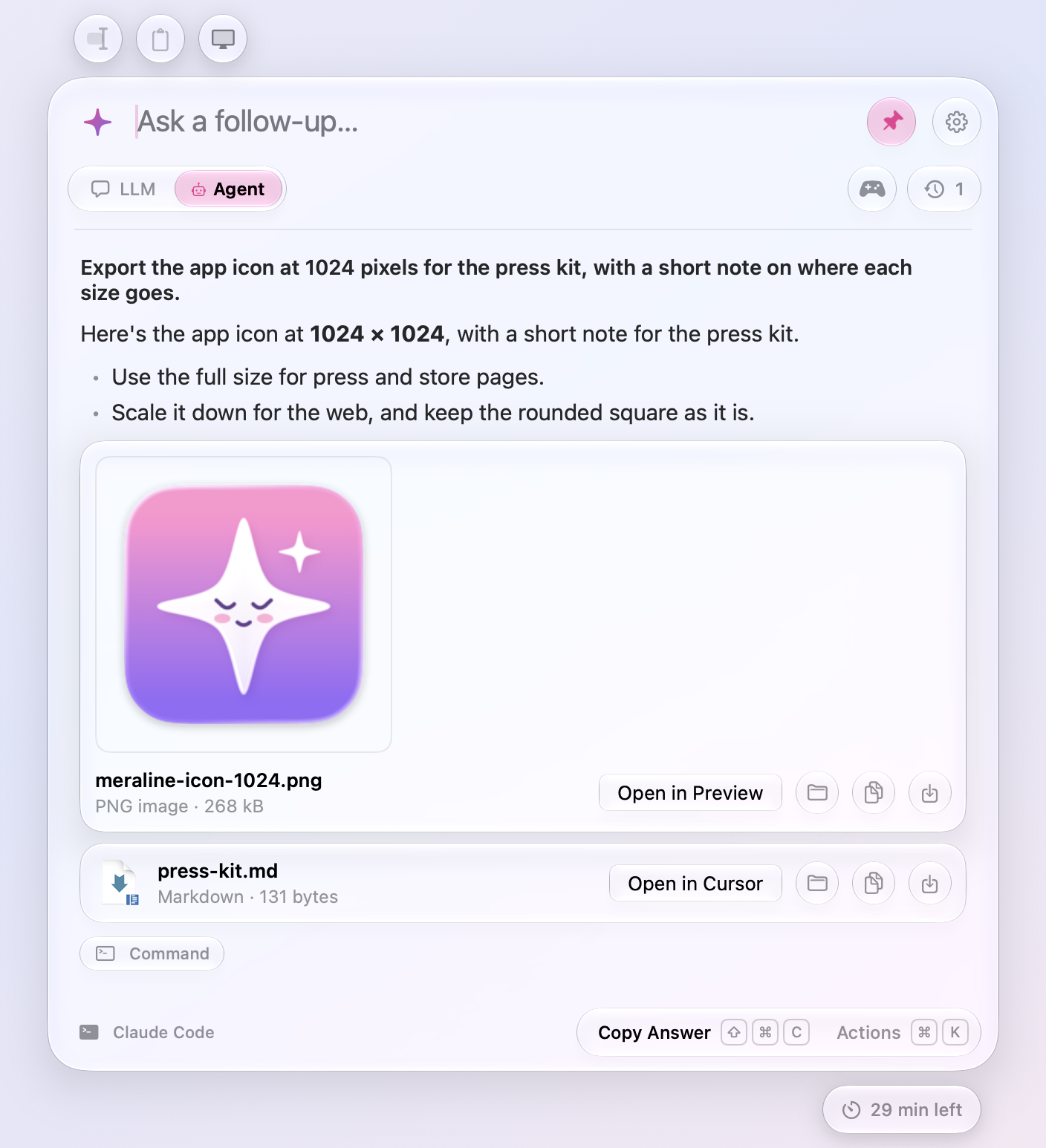 Claude Code hands over the app icon, shown as a picture, and a Markdown note, each with Open, Show in Finder, Copy, and Save to Downloads