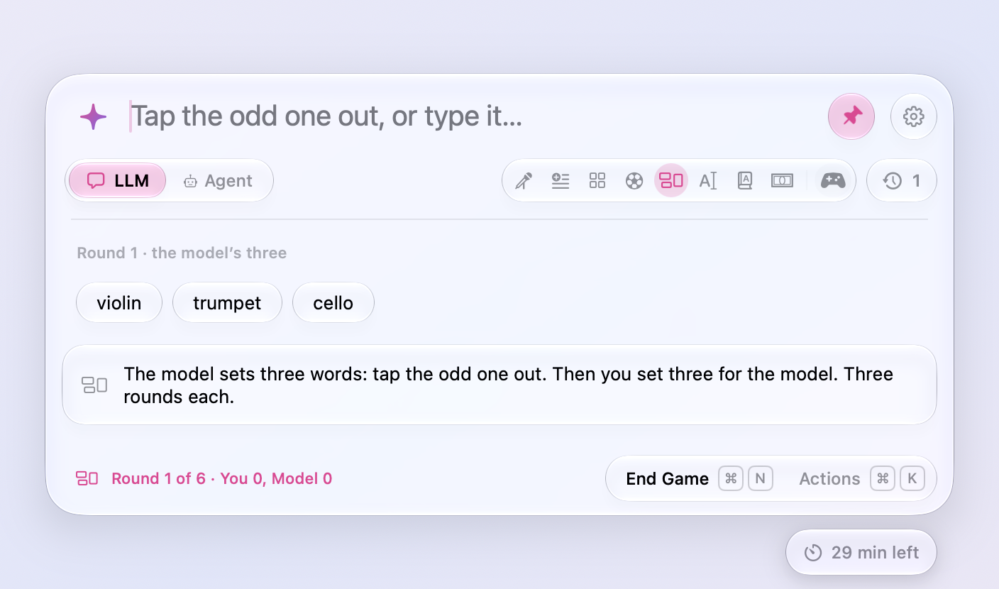 Odd One Out: the model set three words, shown as buttons to tap