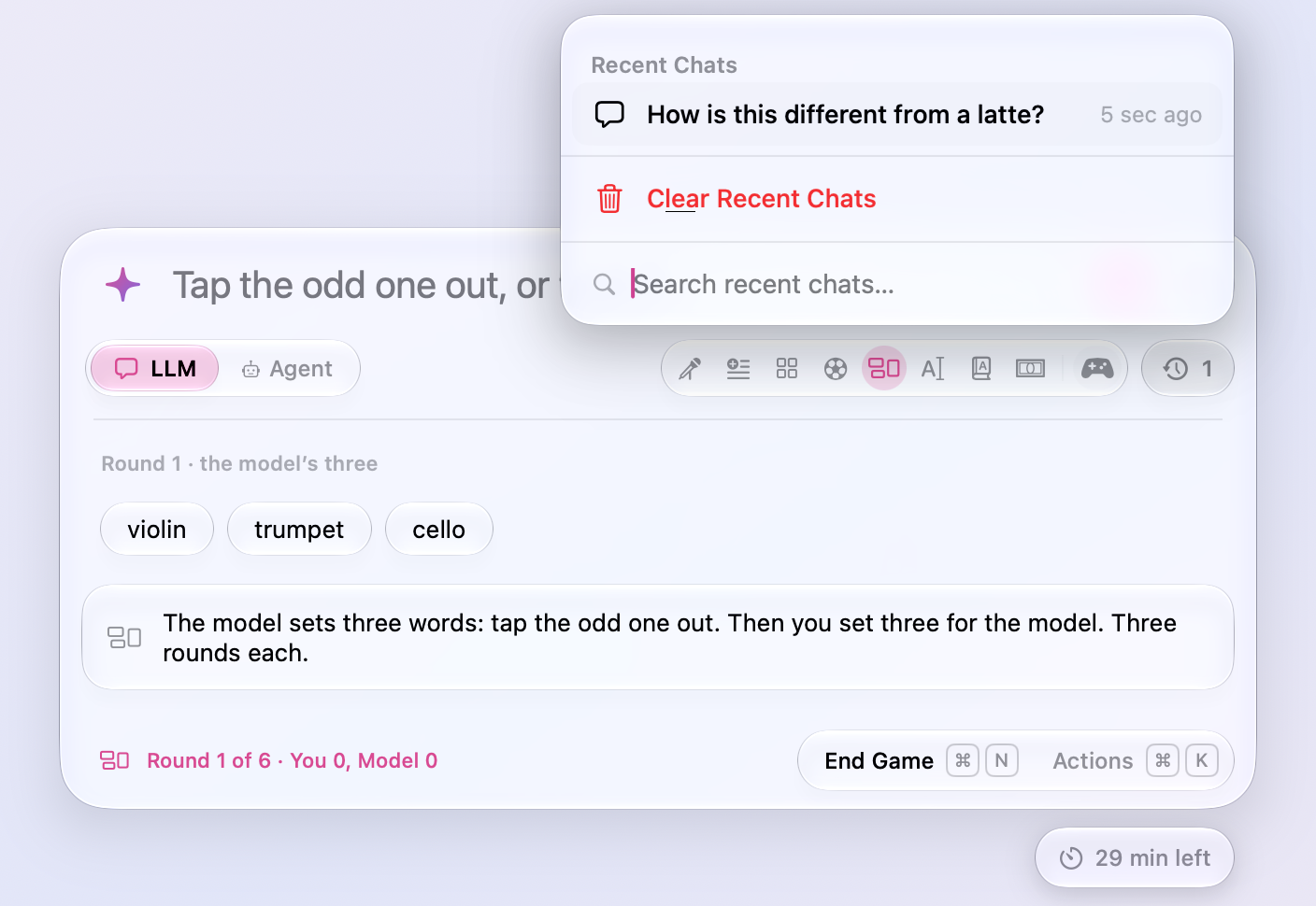 The recent chats in a panel under the clock beside the games, with Clear Recent Chats at the bottom and a search field