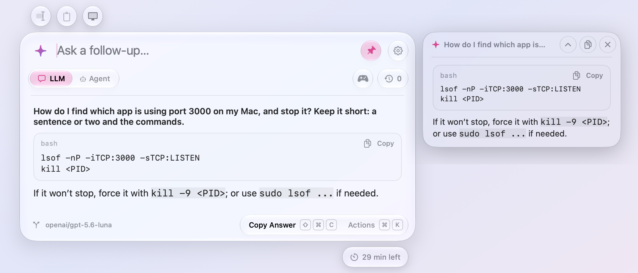 An answer with its commands in code boxes with a Copy button, and the same answer torn off into a floating note beside the window