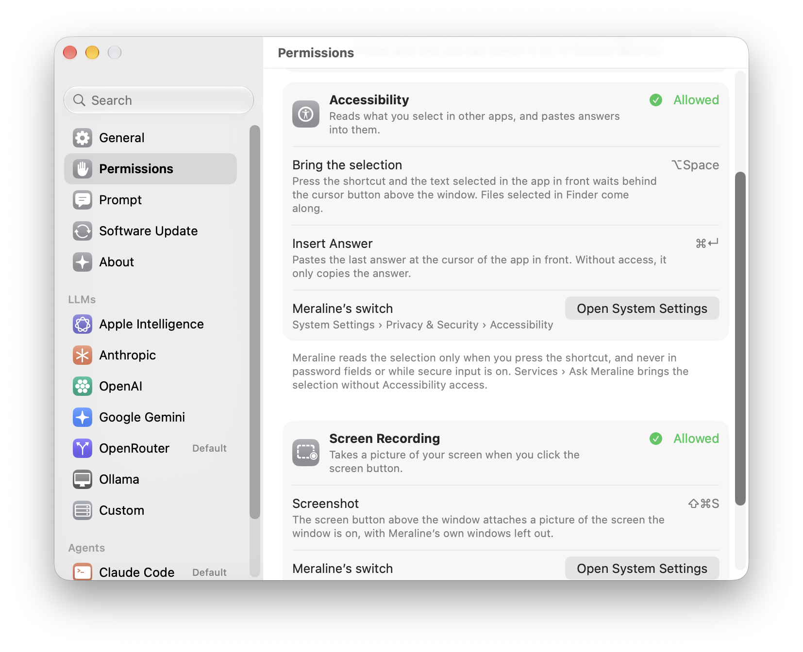 Settings › Permissions: Accessibility and Screen Recording, what each one turns on, and whether macOS allows it