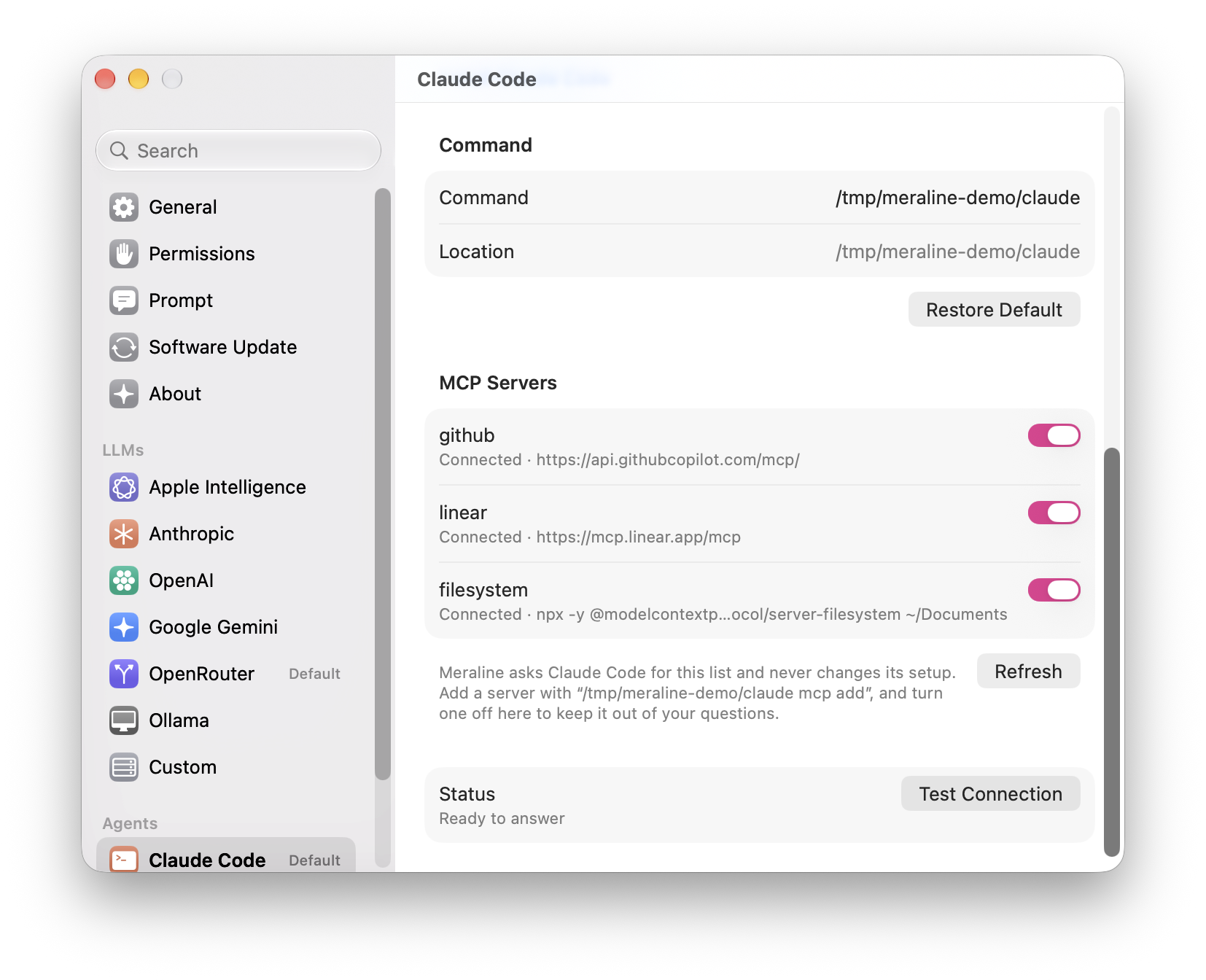 Settings on the Claude Code page: model, reasoning effort, web search, MCP servers turned on, and the list of MCP servers with a toggle each