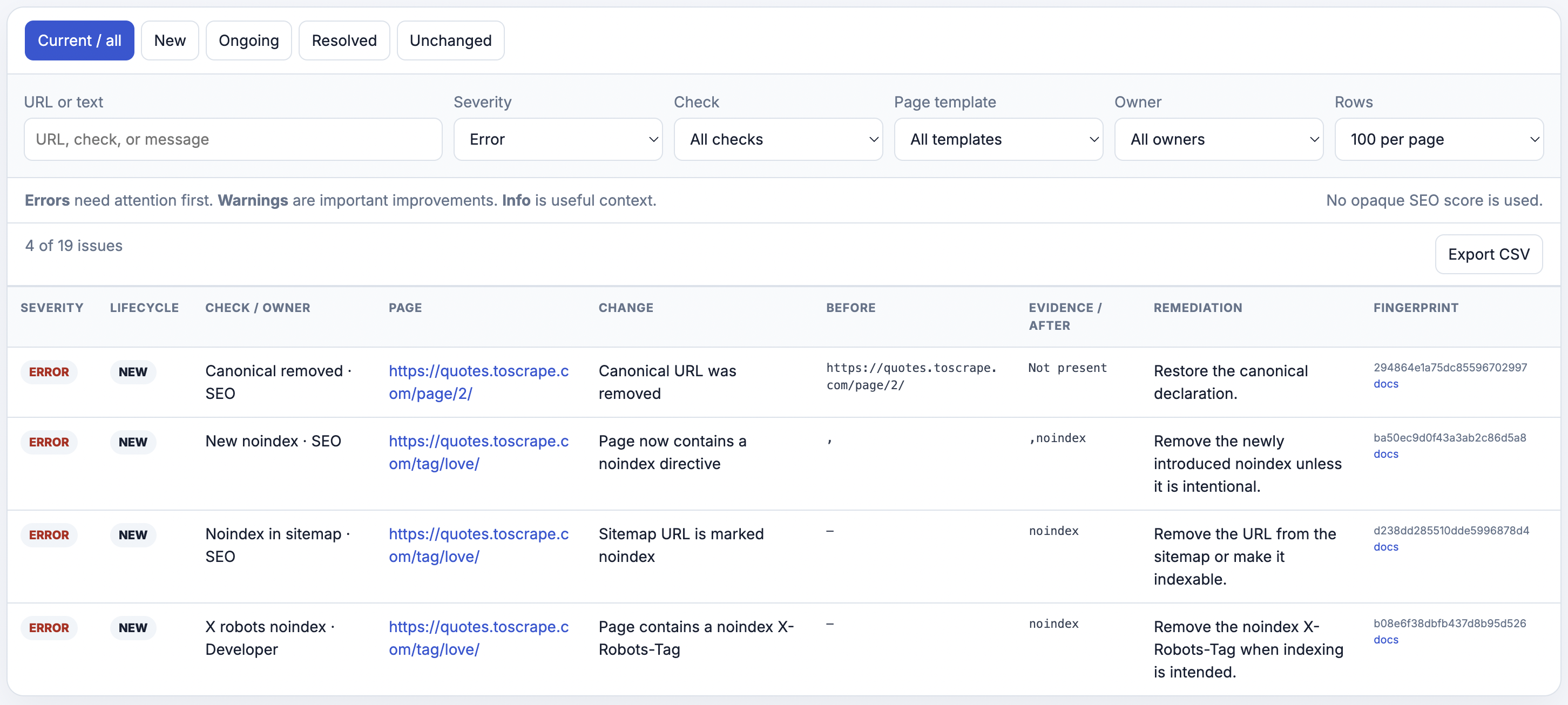 SEO Crawl Audit issue table filtered to errors