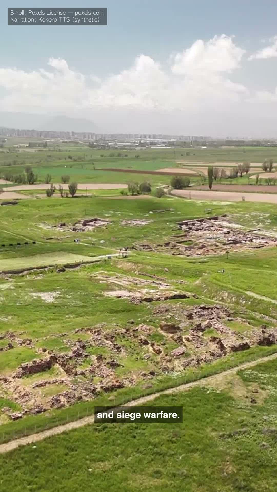 Hittites EN — 9:16 screen-fill, English caption 'and siege warfare.' on a single line over an aerial Hattusa archaeological dig