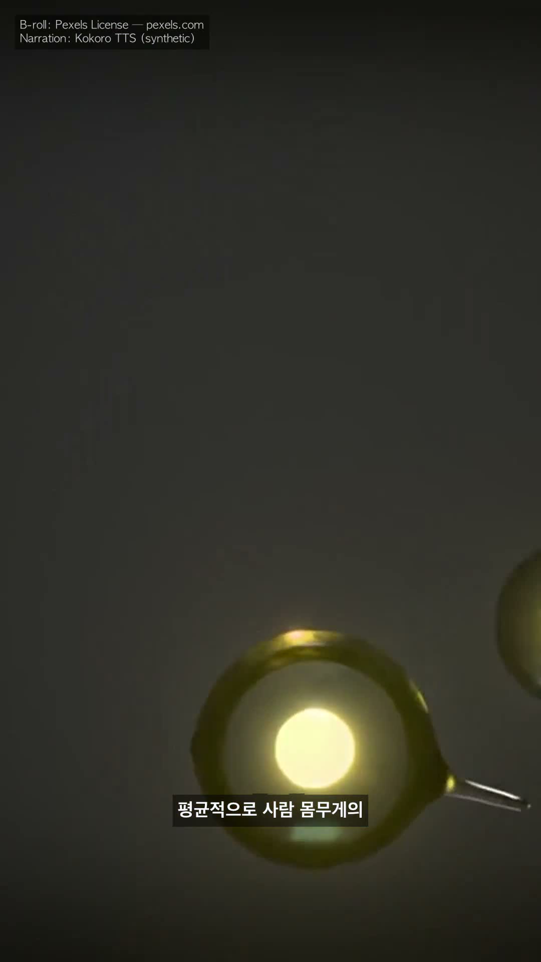 Hydrogen KO — Korean caption '평균적으로 사람 몸무게의' single-line over olive-oil-drop macro, Yuna voice