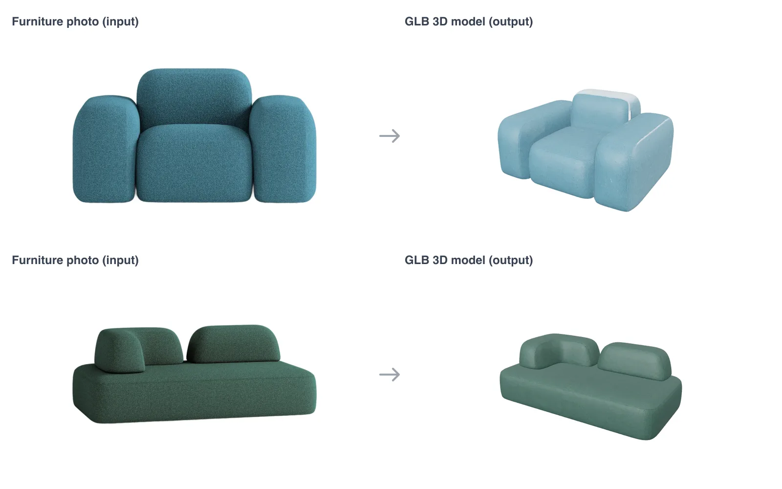 Furniture photo → GLB 3D model: a blue armchair and a green sofa, each turned into a textured 3D model