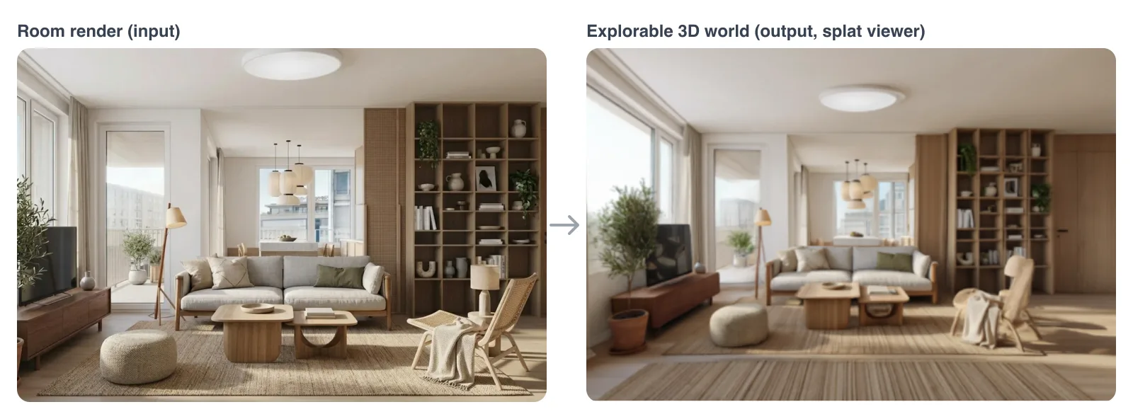 Room render → explorable 3D world: a Scandinavian living room turned into a walkable Gaussian-splat world