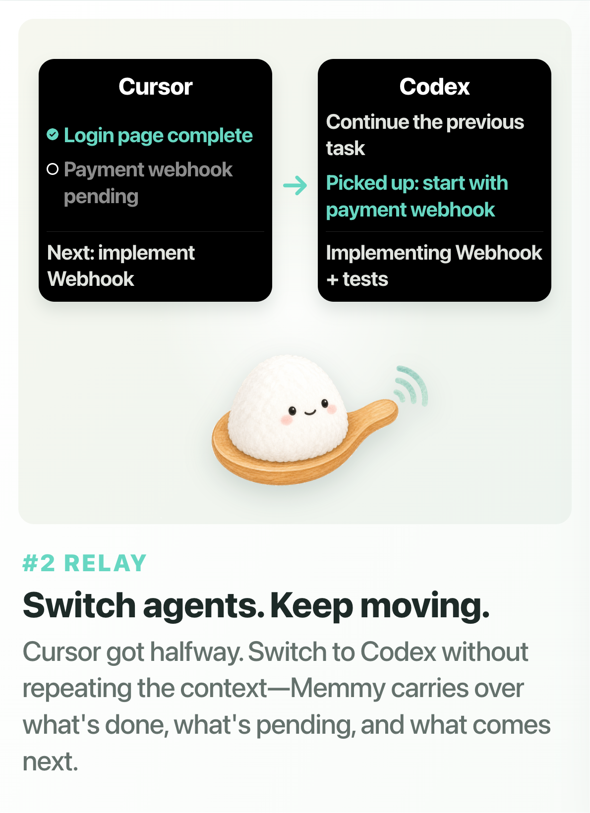 Relay: switch tools without losing context—Memmy carries your project background, preferences, and progress forward