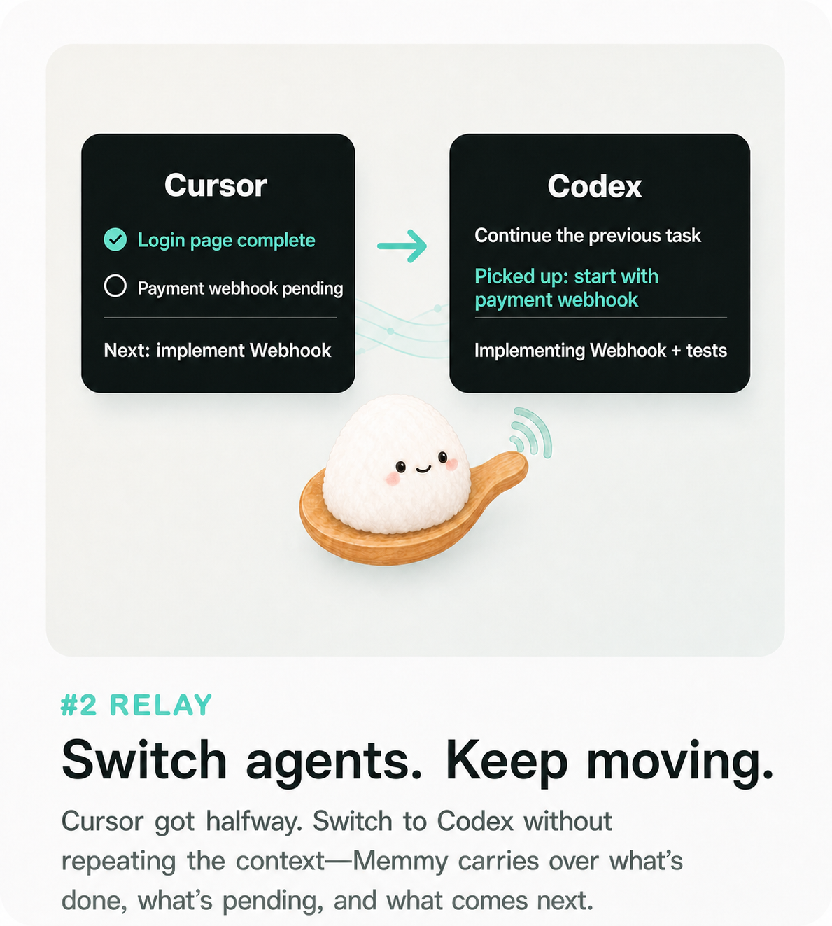 Relay: switch tools without losing context—Memmy carries your project background, preferences, and progress forward