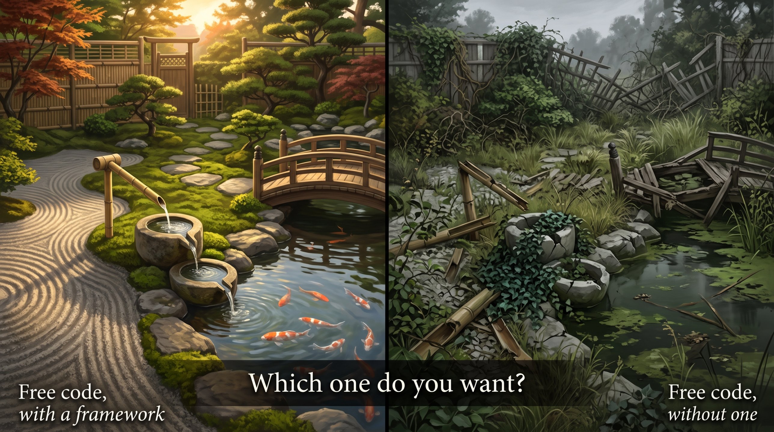 The same plot twice: a managed Japanese garden labeled "Free code, with a framework" beside an overgrown one labeled "Free code, without one". Caption: Which one do you want?