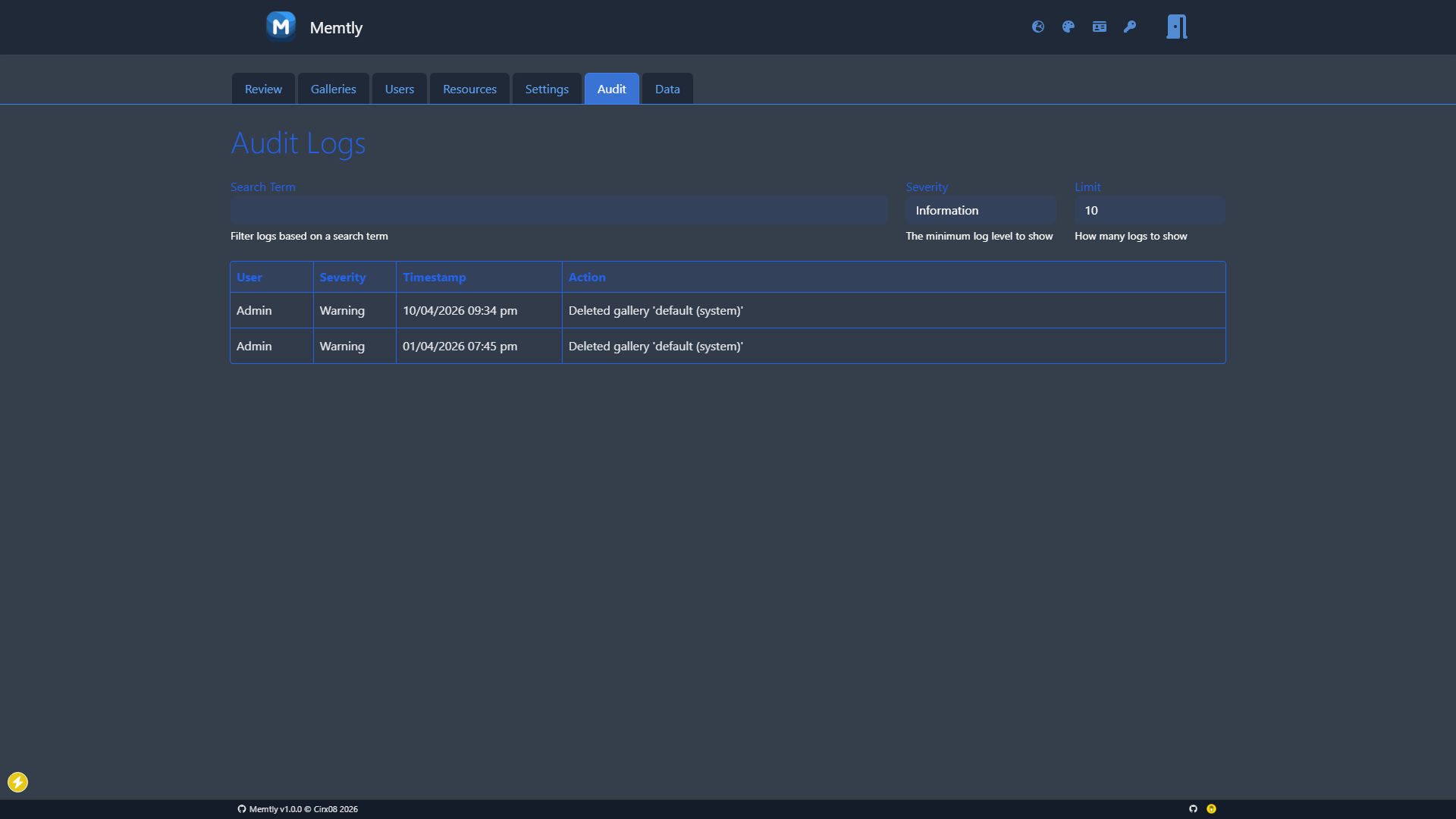 Admin Area - Audit Tab