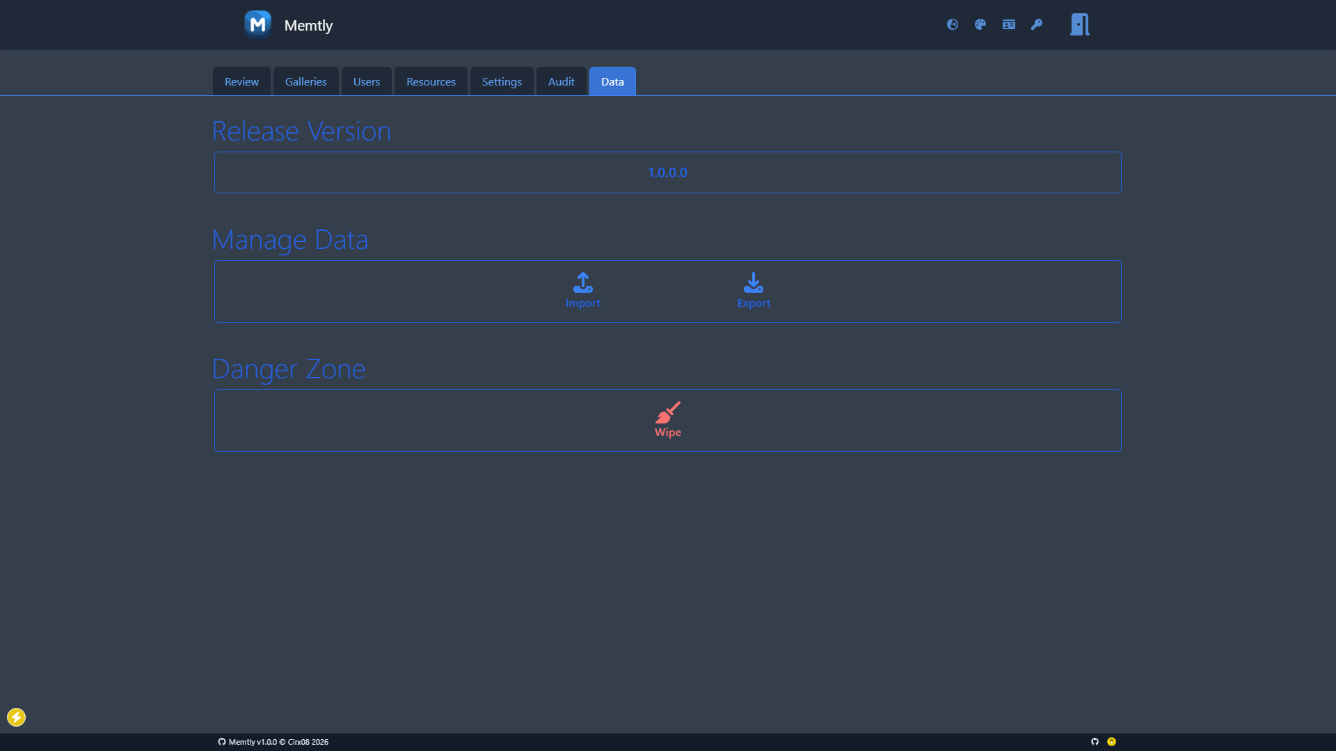 Admin Area - Data Tab