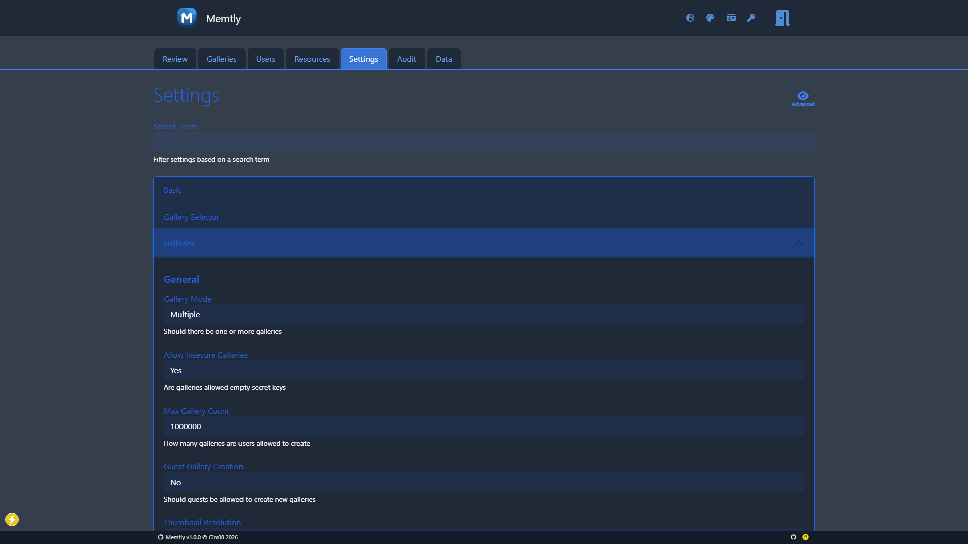 Admin Area - Settings Tab