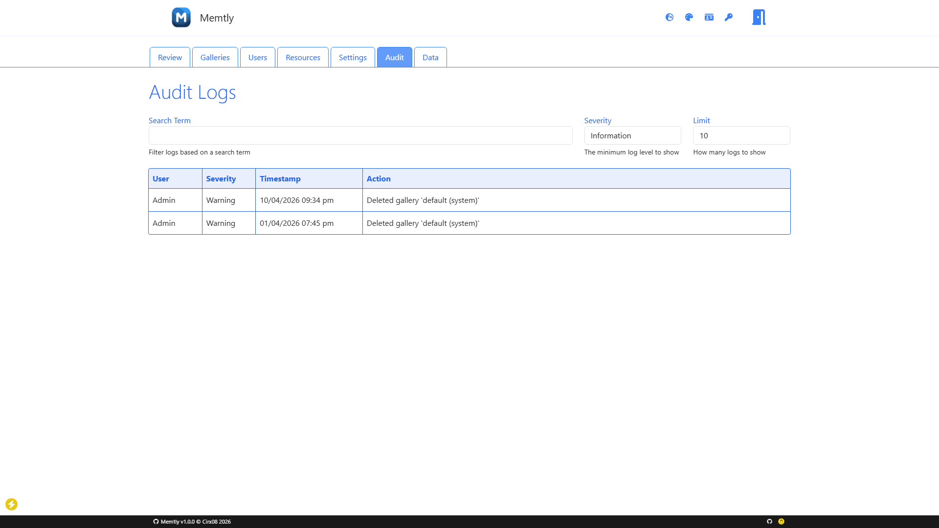 Admin Area - Audit Tab