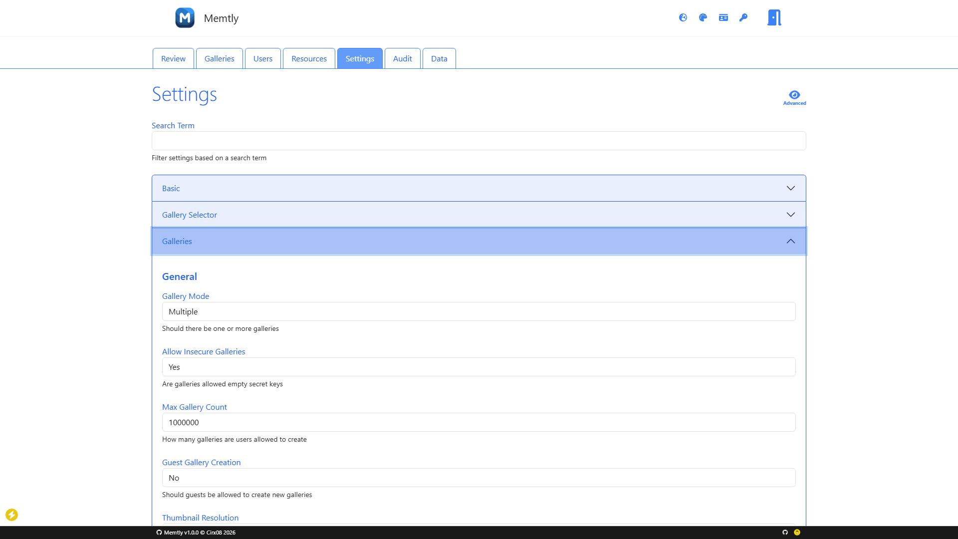 Admin Area - Settings Tab