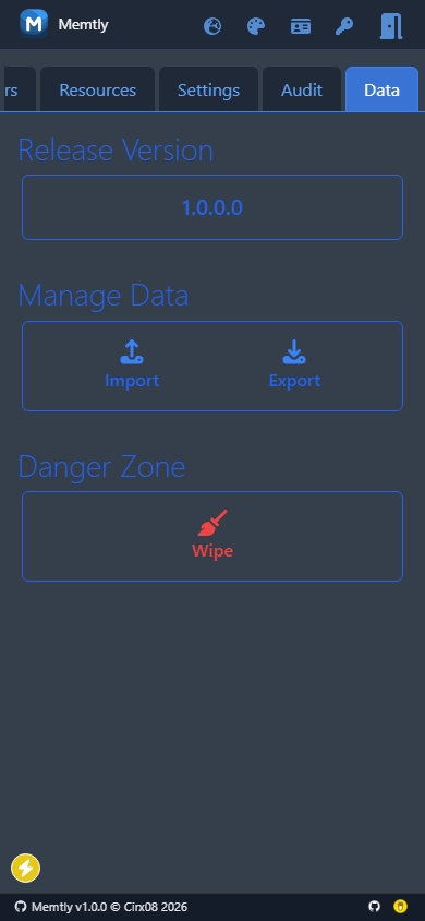 Admin Area - Data Tab