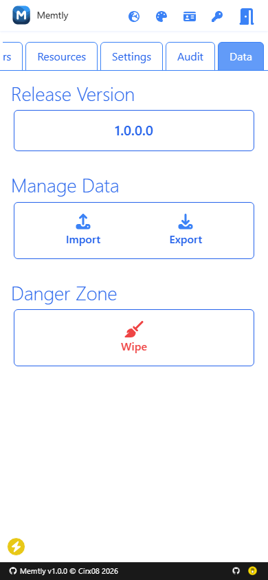 Admin Area - Data Tab