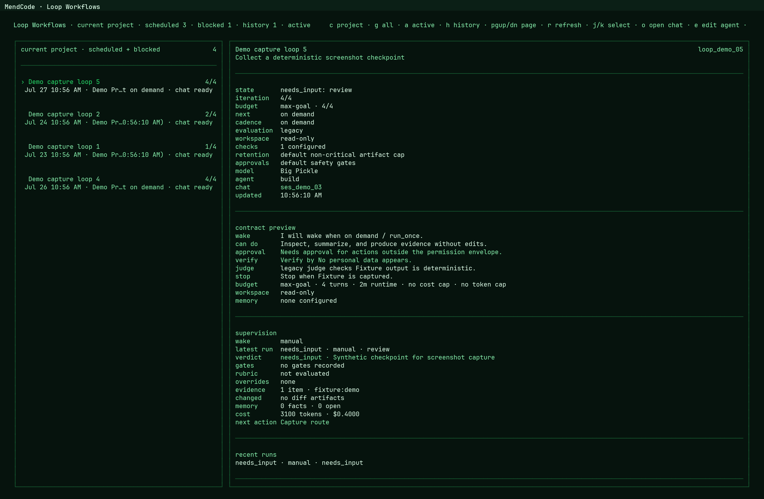 MendCode Loop Workflows dashboard