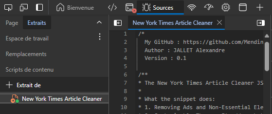 Web Browser DevTools - Snippet menu