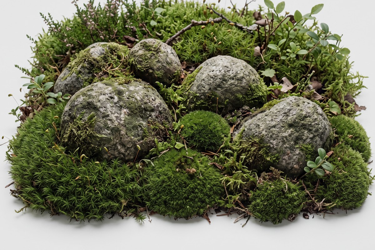 Moss and lichen growing over rounded stones