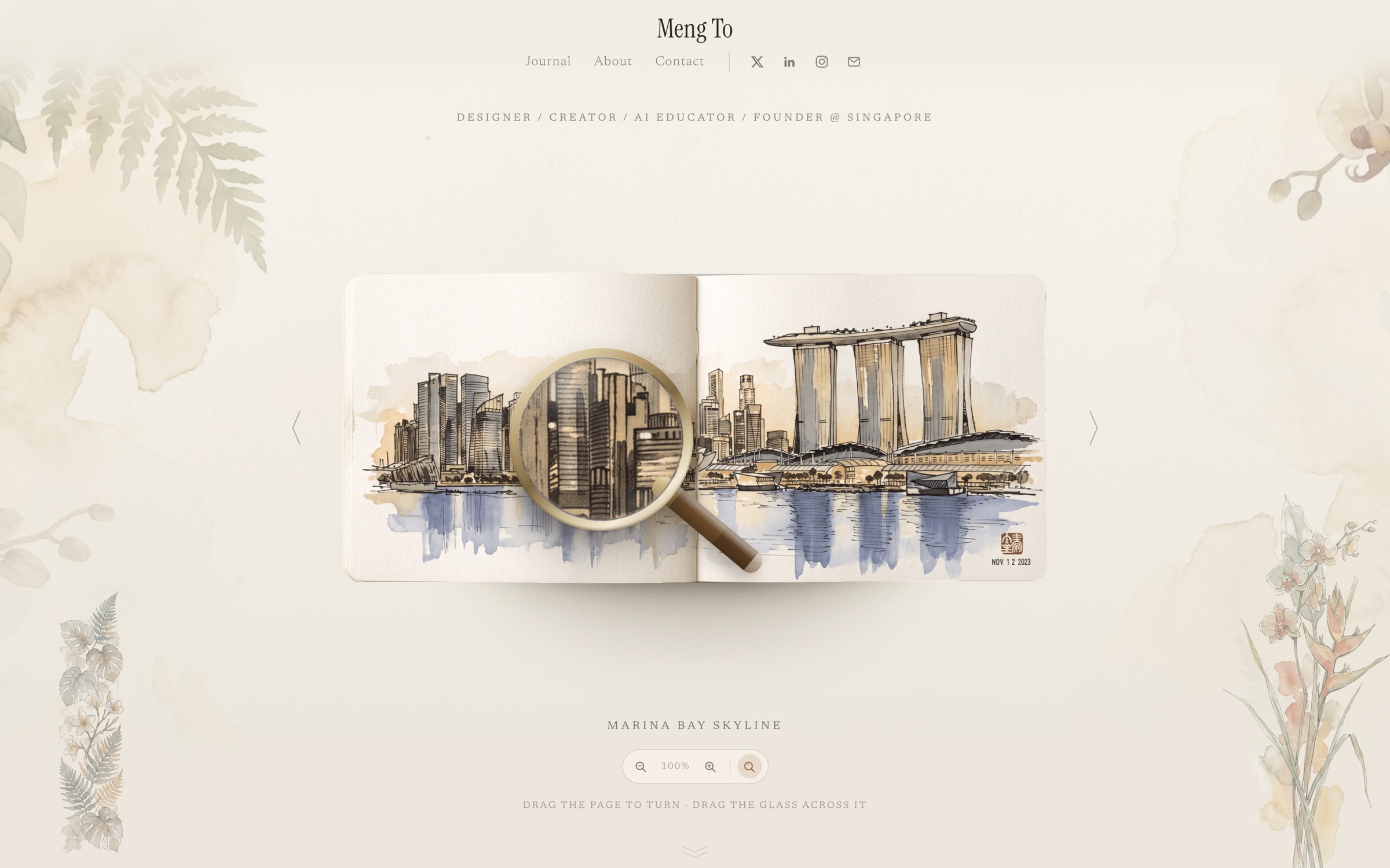 The sketchbook open on the Marina Bay skyline, with the magnifier resting on the ink