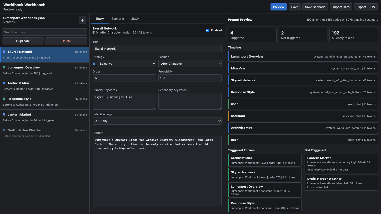 Worldbook Workbench entry editor and prompt preview