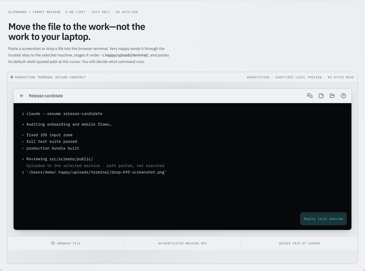 Very Happy terminal file handoff using the production terminal UI contract with sanitized local demo data