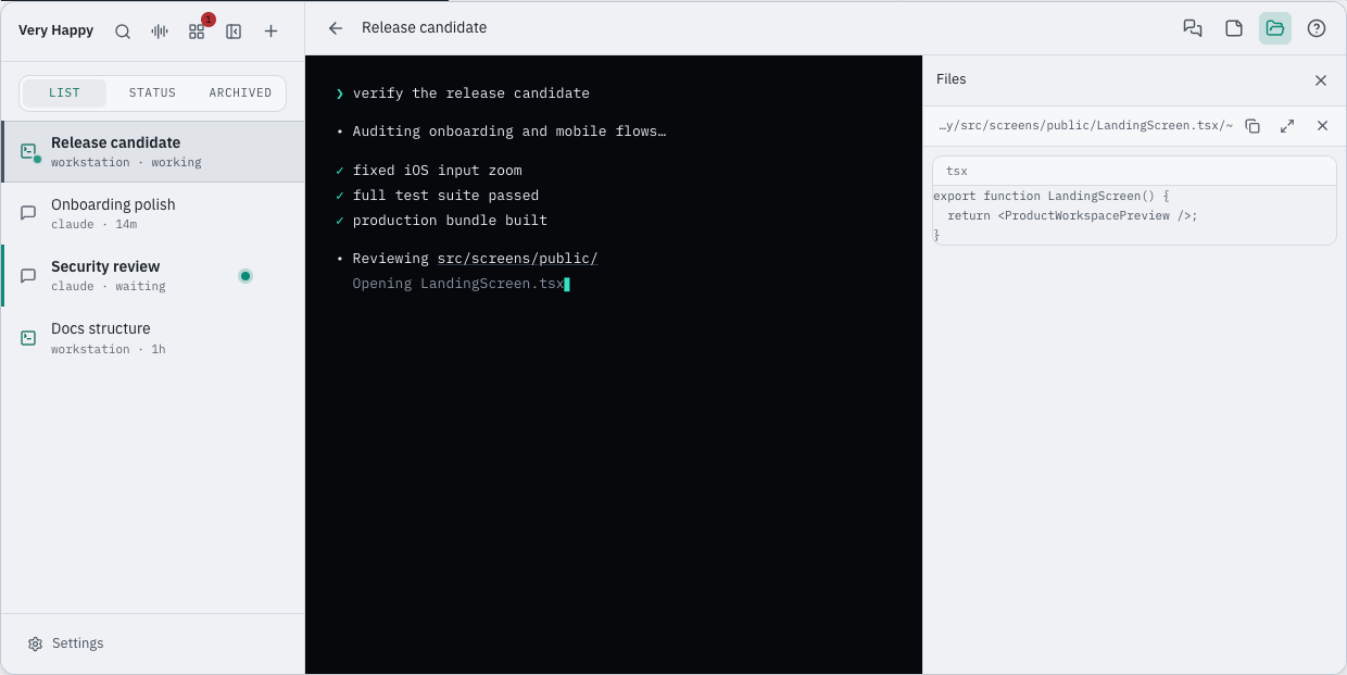 Very Happy production UI with a session sidebar, real running terminal, and file preview using sanitized data