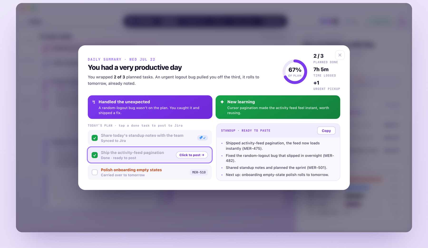 Meridian's end-of-day summary, with completed tasks, an unexpected fix, and a ready-to-paste standup
