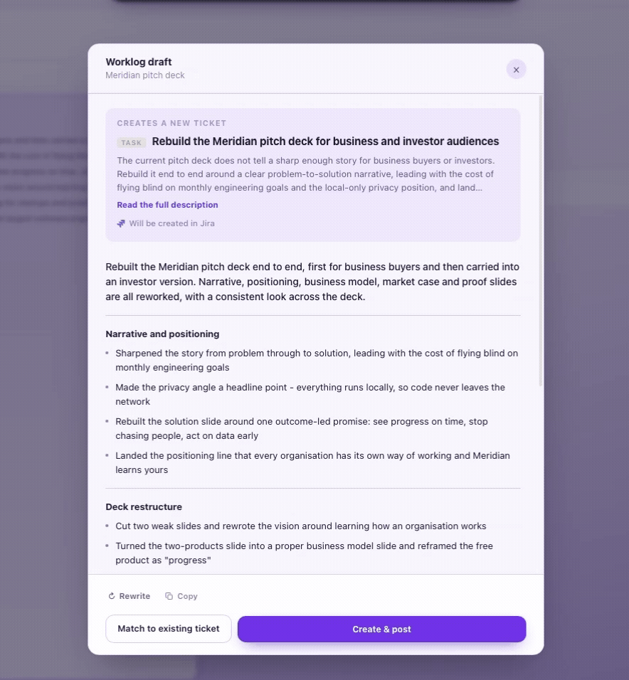 Meridian drafting a worklog update and ticket, waiting for approval before posting to Jira