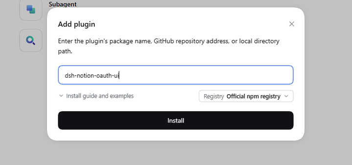 The Add plugin dialog with the package name entered