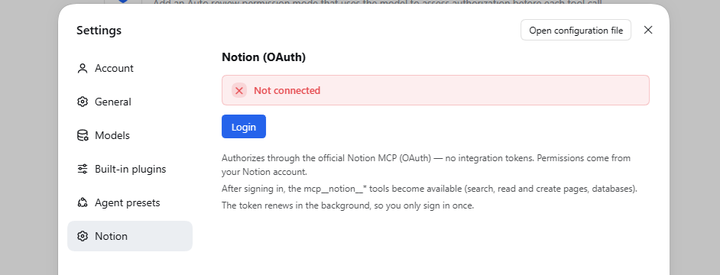 The Notion entry in Settings, with the Login button