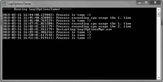 Screenshot showing console with LogiOptionsTamer output