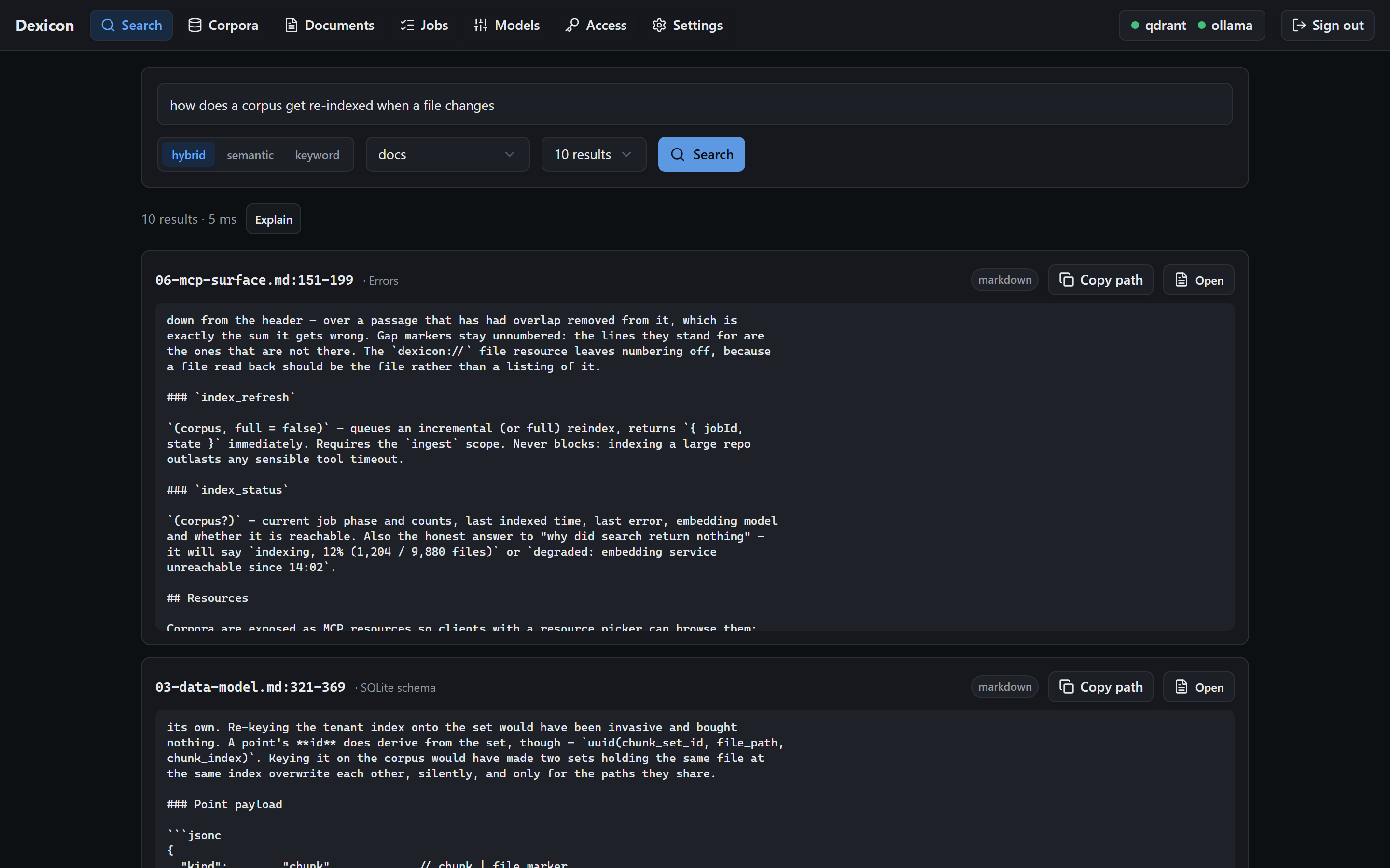 The Dexicon search screen: a natural-language question answered from the project's own documentation, each result cited by file and line range.