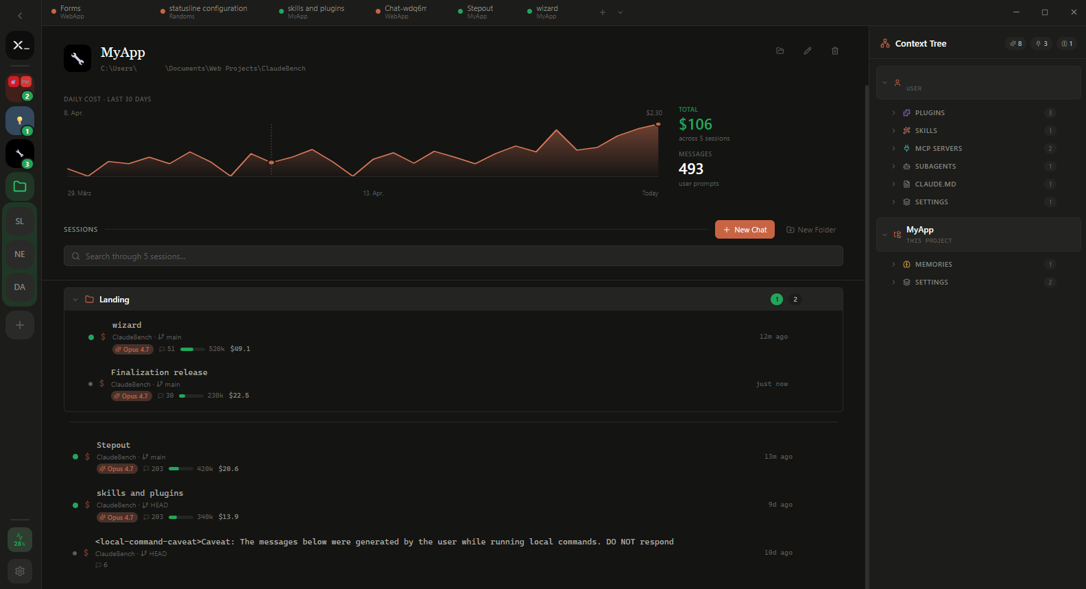 Project overview with daily cost chart, sessions list, and context tree